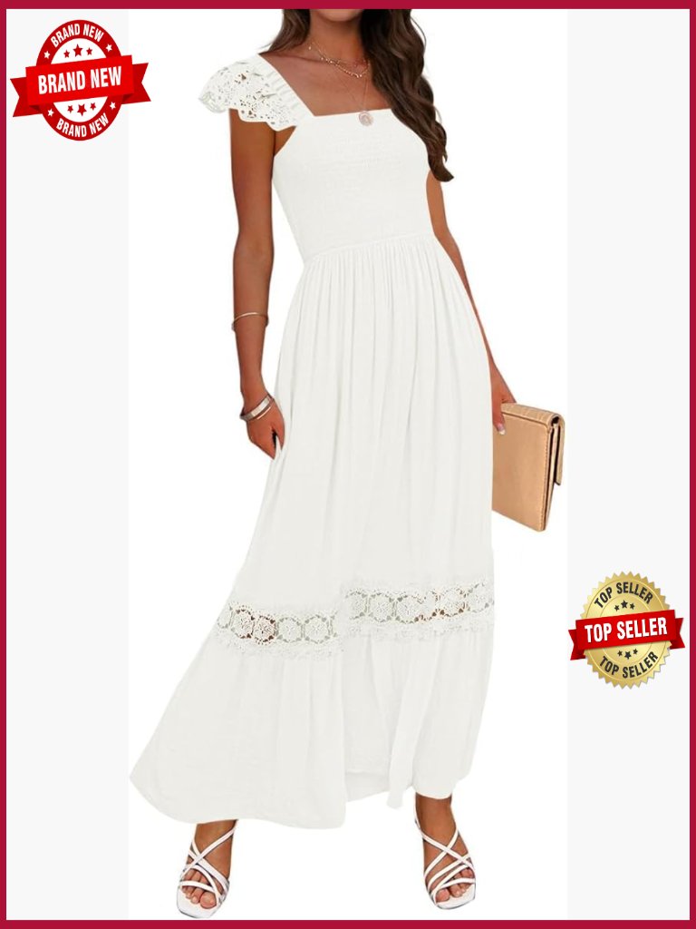 Lace Strap Sleeveless Square Neck Smocked High Waist Ruffle Flowy A Line Maxi